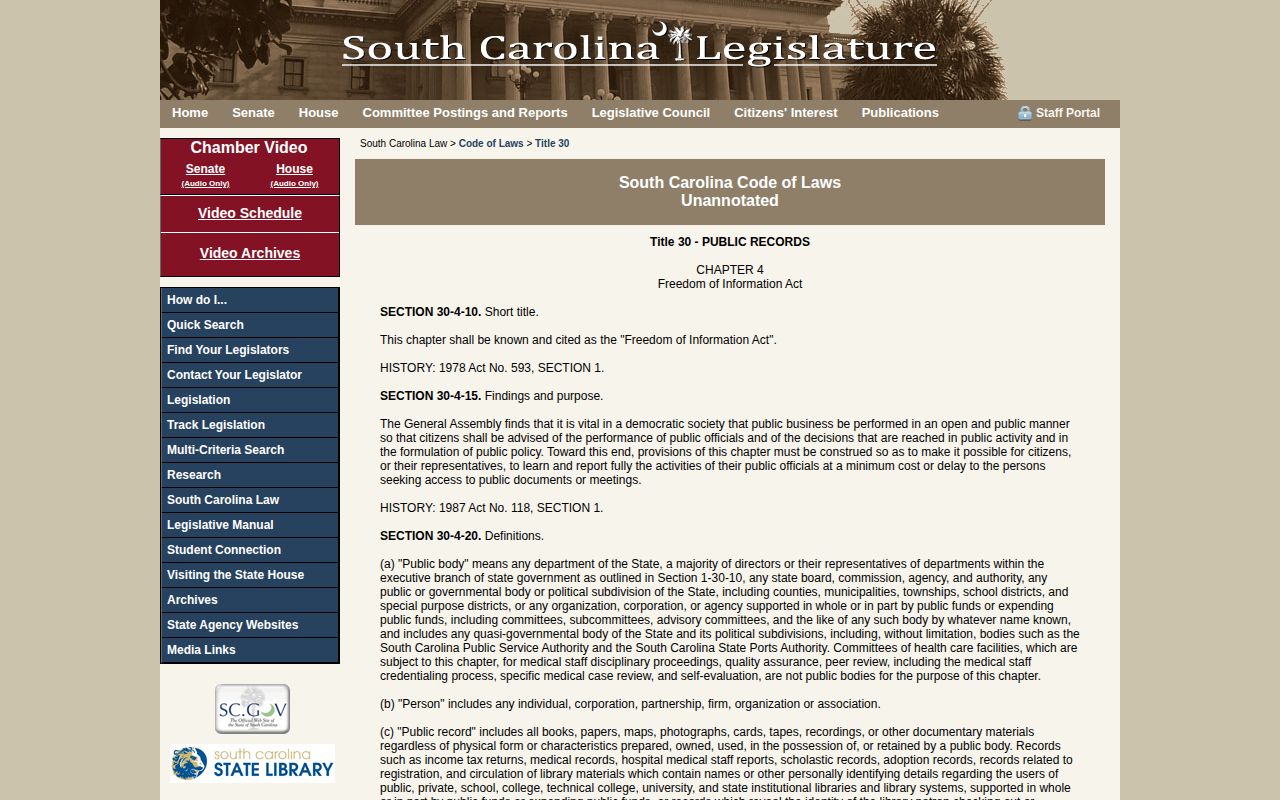 South Carolina public records law page covering FOIA access to public records