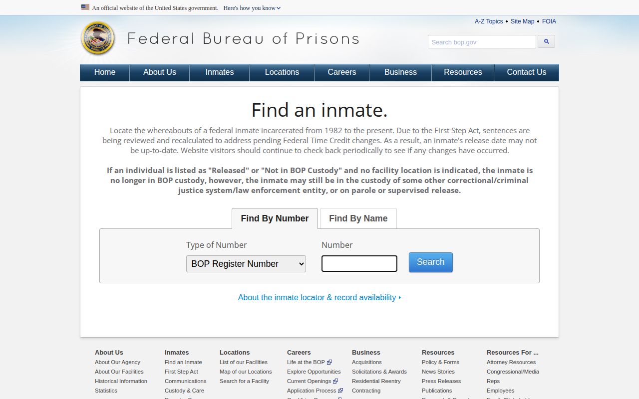 Federal Bureau of Prisons inmate locator blank search form without a person result