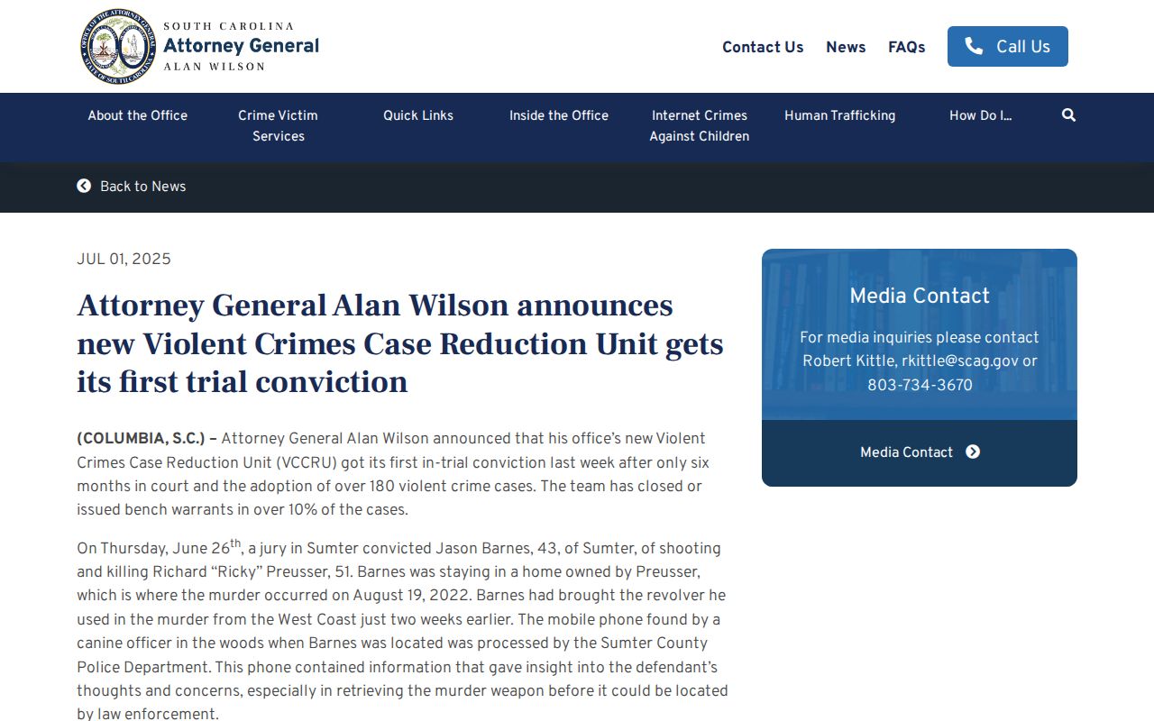 South Carolina Attorney General case conviction and sentencing record for Jason Barnes