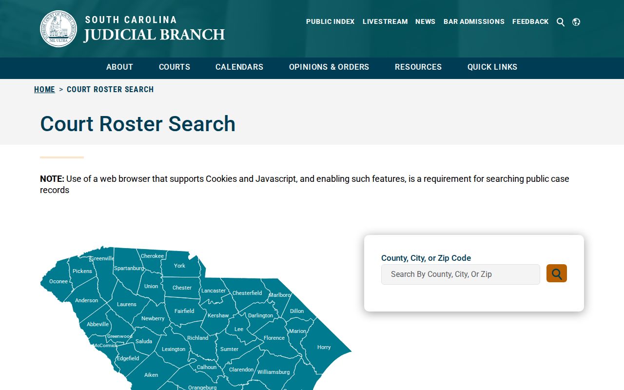 South Carolina court roster search page with county and city case lookup routes