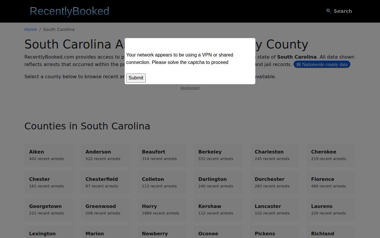 Unofficial South Carolina arrest listing directory with county links and publisher disclaimer