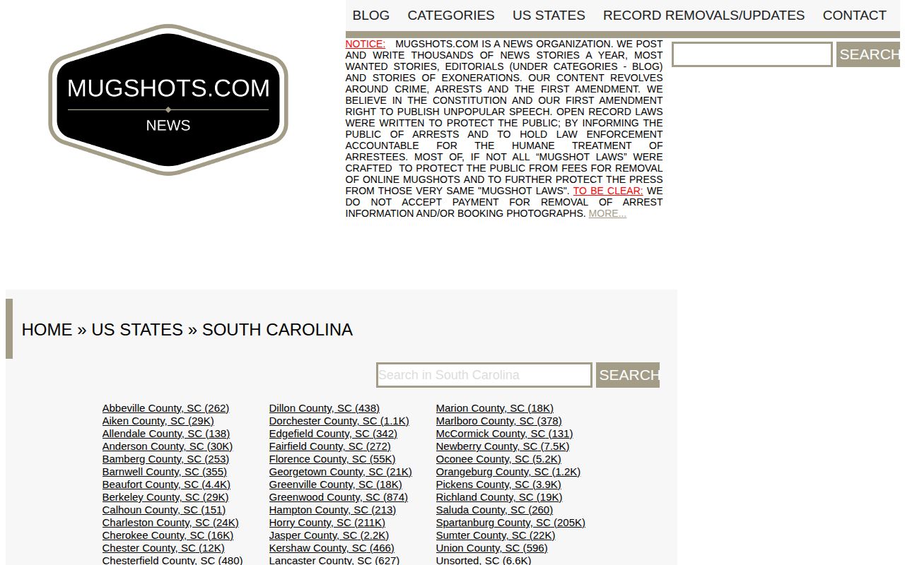 South Carolina old mugshot index shown as a secondary historical source