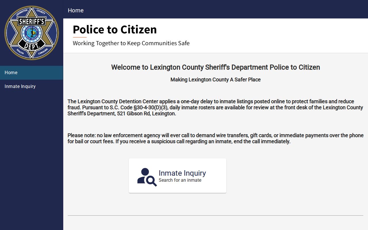 South Carolina booking roster portal with a county delay notice and search links