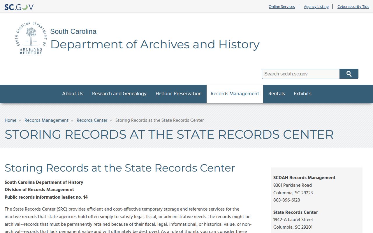 South Carolina state records lifecycle and archive transfer guidance