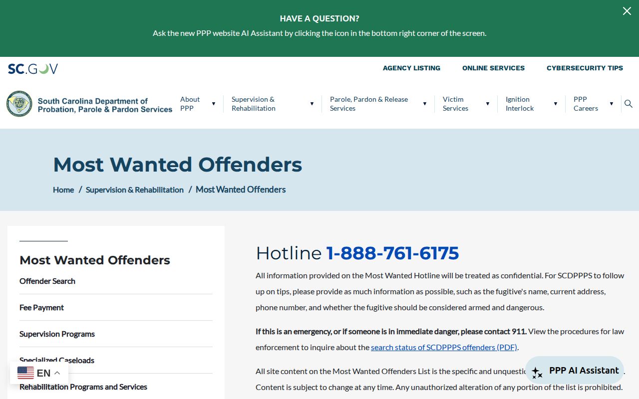 South Carolina SCDPPPS wanted-list page and its public-safety framing