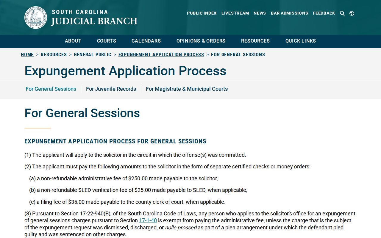 South Carolina general sessions expungement process and agency distribution instructions