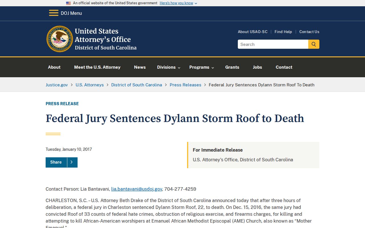South Carolina federal sentencing record for Dylann Roof