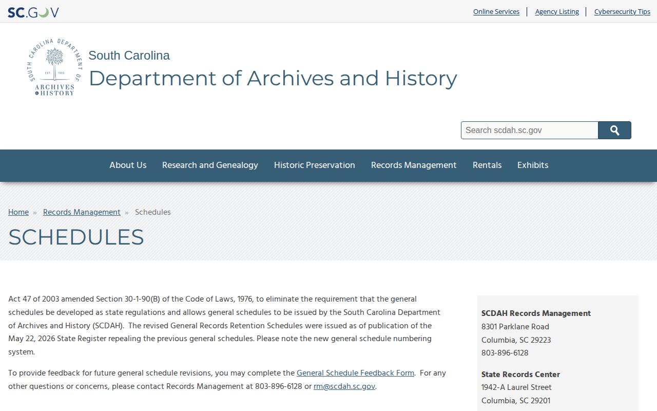 South Carolina records retention schedule information for arrest and court records