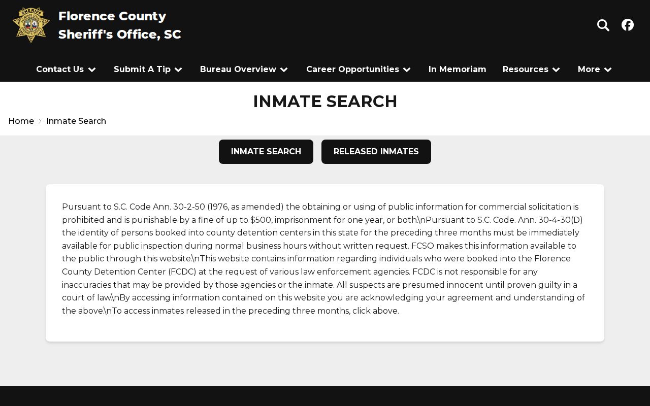 Name-free Florence County inmate search page linking current and released custody views