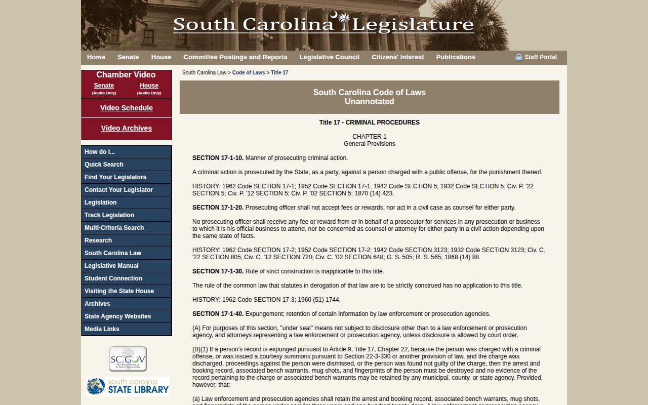 South Carolina Code section on booking record publication and correction requests
