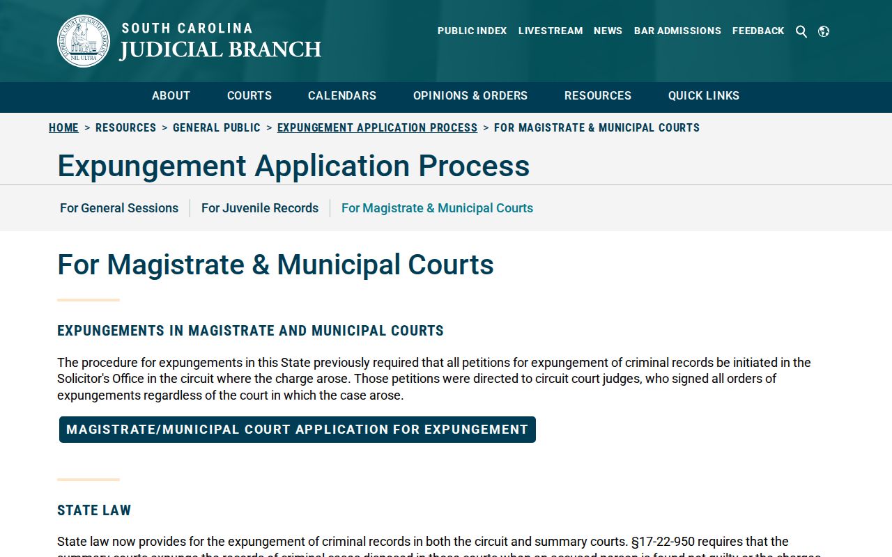 South Carolina magistrate and municipal court expungement process page