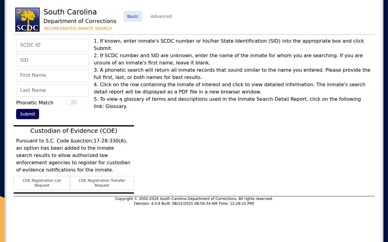 South Carolina SCDC offender search interface for state prison inmate profiles and photos